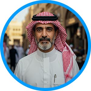 Headshot of a man with long hair in a teal circle