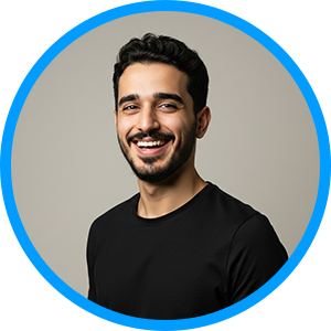 Headshot of a woman with long hair in an orange circle
