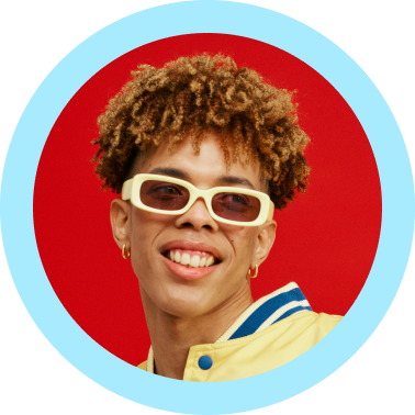 Headshot of a man with sunglasses in a blue circle