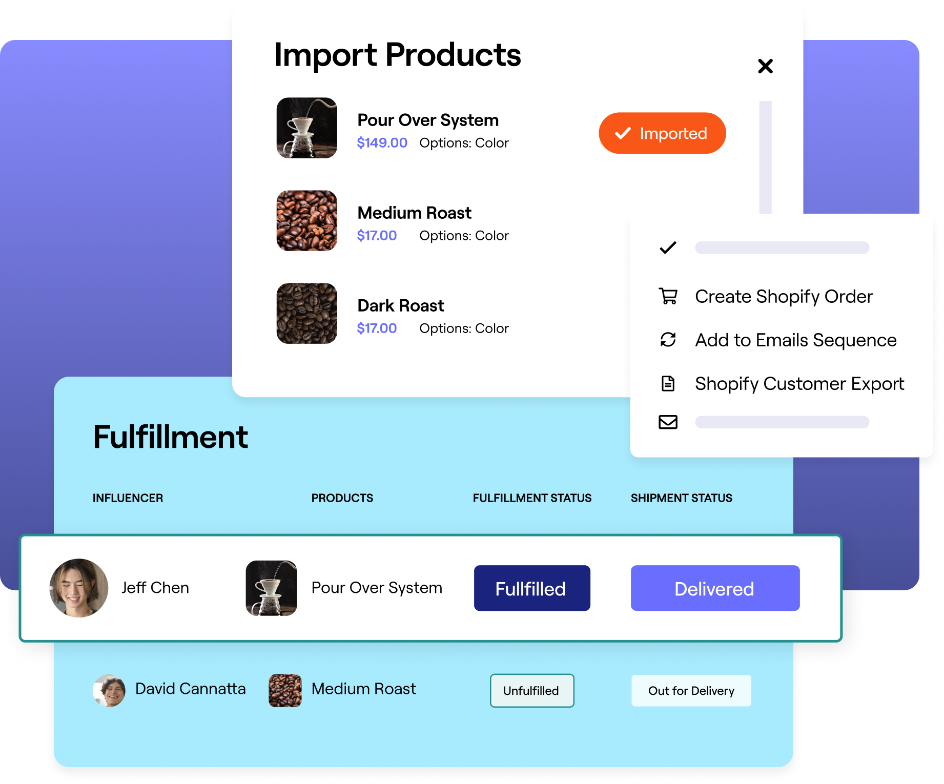 Images of GRIN's influencer gifting features